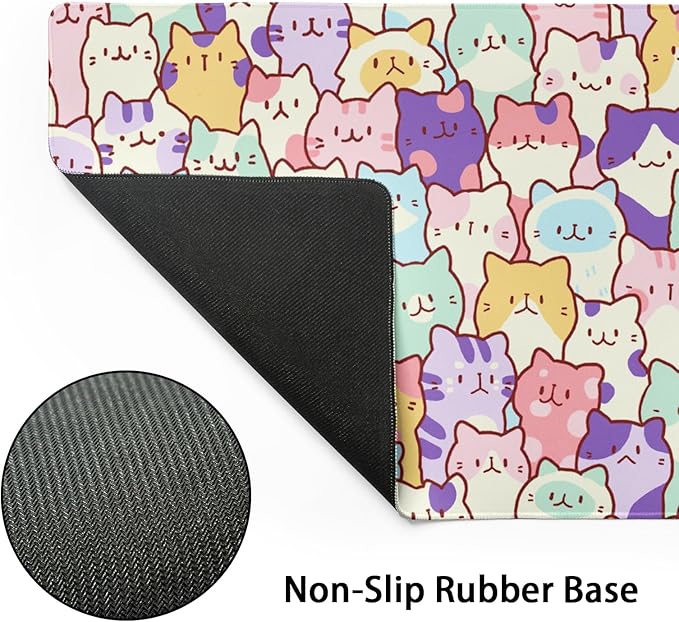 Kawaii Large Mouse Pad 31.5x11.8 Inches XL Extended Gaming Mousepad Funny Cute Cat Desk Mat, Long Computer Keyboard Mouse Mat Non-Slip Base Desk Pad Stitched Edges for Home Game Office Work