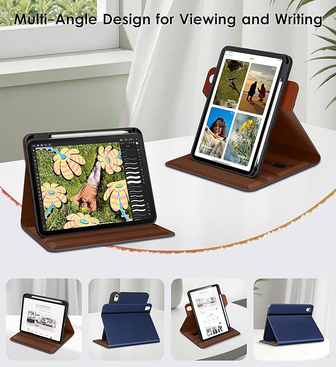 DTTO for iPad Air 11 inch Case M4 / M3 / M2 (2026/2025/2024), iPad Air 5th / 4th Gen (2022/2020), 360 Degree Rotating Premium Leather Folio Stand Cover with Pencil Holder, New Navy Blue