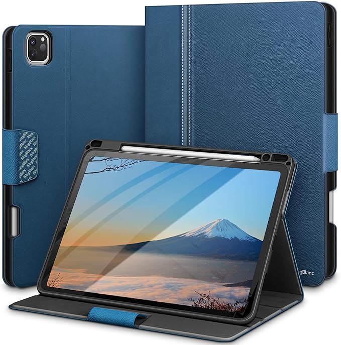 KingBlanc for iPad Pro 12.9 Case 6th/5th/4th/3rd Generation (2022/2021/2020) with Pencil Holder, PU Leather Smart Stand Cover, Auto Sleep/Wake, Apple Pencil2 Charging, Multi-Angle for Typing, Blue