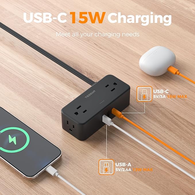 TESSAN Flat Plug Extension Cord 10 FT, Surge Protector Power Strip with 4 AC Outlets 1 USB C and 2 USB A Ports, 900 Joules Protection, Multiple Wall Outlet Extender Suitable for Office Dorm, Black
