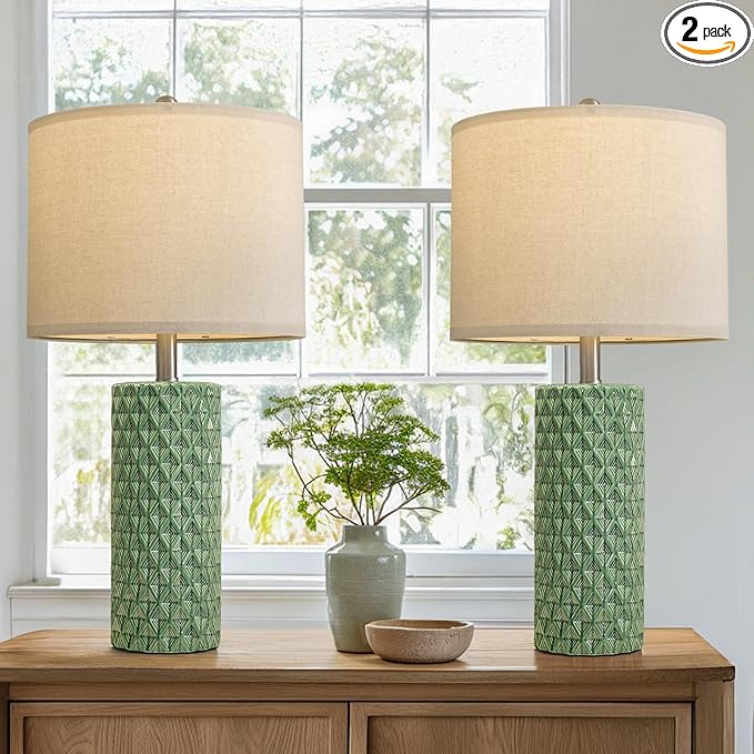 USumkky 26" Tall Table Lamp for Living Room -Green Lamps Set of 2 Modern Ceramic Lamps for Night Stands, Bedside Lamp for End Tables, Nightstand Lamps for Bedroom