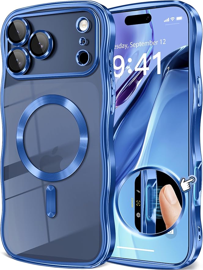 GVIEWIN for iPhone 17 Pro Max Case Compatible with MagSafe, Upgraded [Full Camera Protection][Cute Wave Frame][Military Grade Protection] Electroplated Hard Phone Cover for Women Girl, Clear/Blue