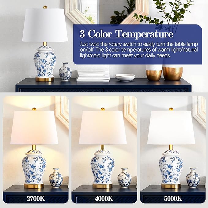 QiMH Chinoiserie Ceramic Table Lamps Set of 2 for Living Room, Vintage Traditional Bedside Lamps for Night Stands, 22" Large Blue and White Table Lamp for Bedroom Cottage, Gold(LED Bulbs Included)