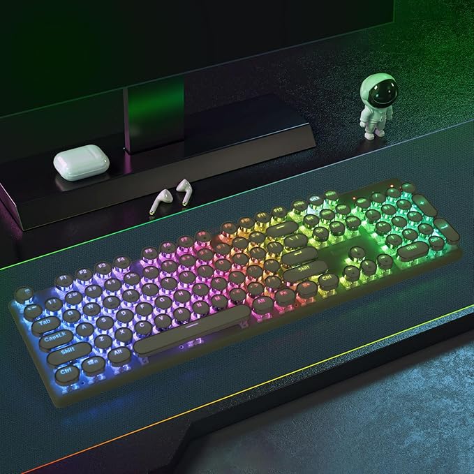 Redragon K710 Wireless Typewriter Mechanical Gaming Keyboard, Bluetooth/2.4Ghz/Wired, RGB Led Backlit, Blue Switch - Clicky, Rechargeable, Solid Metal Panel, Round Keycaps, Green