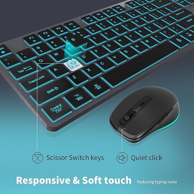 POWZAN Backlit Wireless Keyboard and Mouse Combo, Rechargeable Quiet 2.4G Cordless USB Slim Full Size for Apple iMac, MacBook, laptop and PC, Space Gray