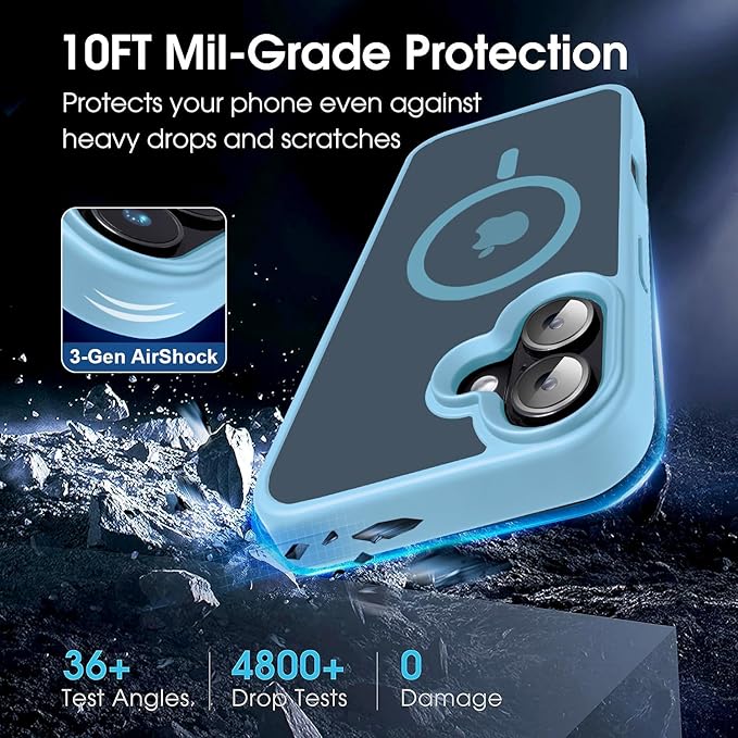 Strong Magnetic Case for iPhone 16 Case [5X-Grade Drop Tested & Compatible with MagSafe] Translucent Anti-Fingerprint Shockproof Protective Cover 6.1 Inch, Light Blue