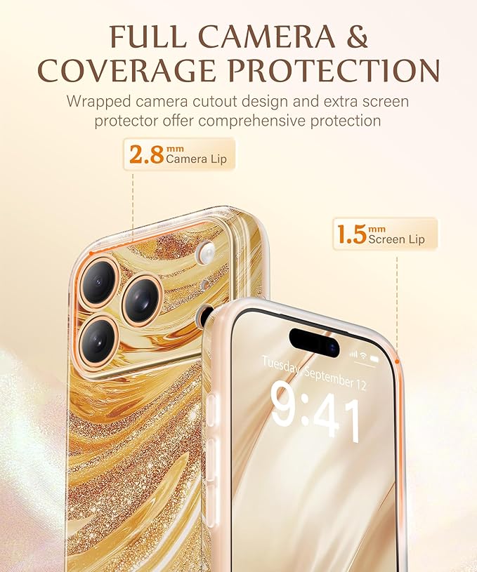 GVIEWIN for iPhone 17 Pro Case Compatible with MagSafe, [Full Camera Protection][Military-Grade Protection] Shockproof Protective Slim Magnetic Marble Phone Case for 17 Pro 6.3", Amber/Orange
