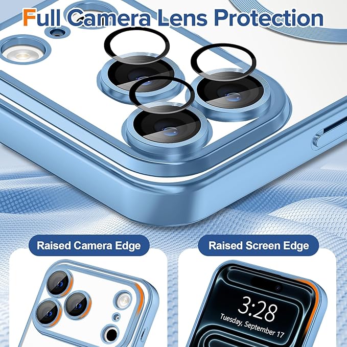 Hython Magnetic Clear for iPhone 17 Pro Case with Camera Lens Protector [Compatible with MagSafe] Luxury Plating Edge Slim Soft TPU Cover Protective Phone Case for iPhone 17 Pro, Matte Light Blue