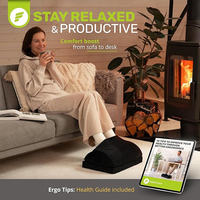 ErgoFoam Foot Rest for Under Desk at Work with Warm Feet Pocket - Chiropractor-Endorsed Foot Rest Warmer, High-Density Foam, Velvet