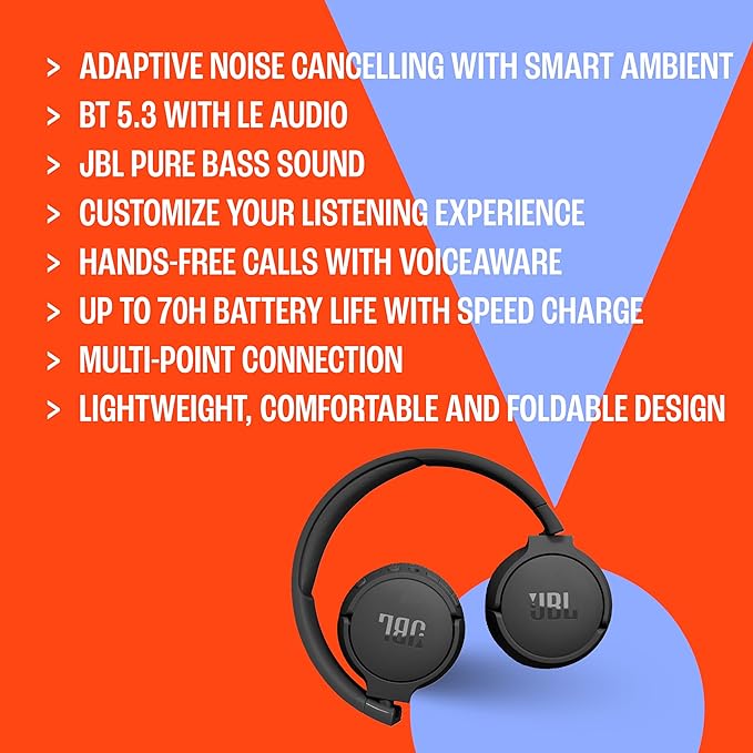 JBL Tune 670NC - Adaptive Noise Cancelling with Smart Ambient Wireless On-Ear Headphones, Up to 70H Battery Life with Speed Charge, Lightweight, Comfortable and Foldable Design (Blue)