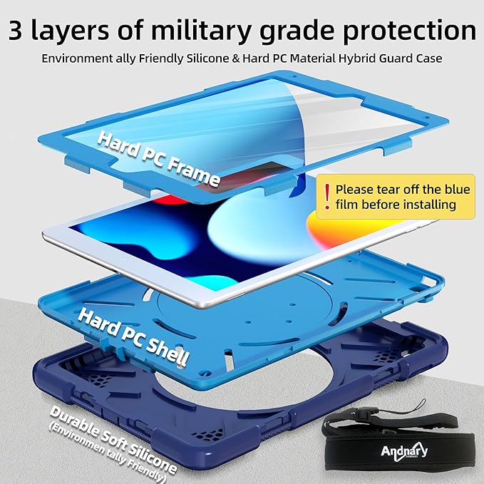 Andnary Case for iPad 9th/8th/7th Generation 10.2 inch, Shockproof Cover with Screen Protector/360° Rotate Stand/Pencil Holder/Shoulder Strap, Kids Case for iPad 2021/2020/2019 (Navy+Blue)