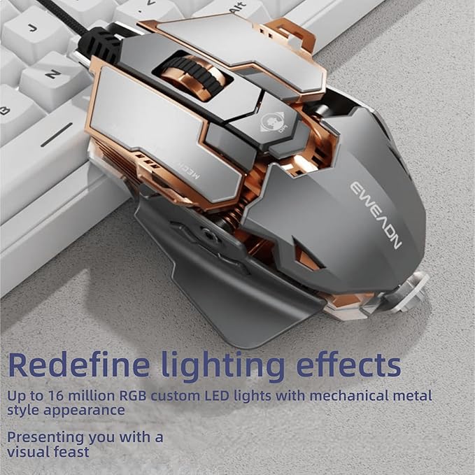 Professional Gaming Mouse, 12800 DPI Optical Sensor, RGB Lighting, Aluminum Chassis, Metallic Black, Macro Programming, Retractable Wing