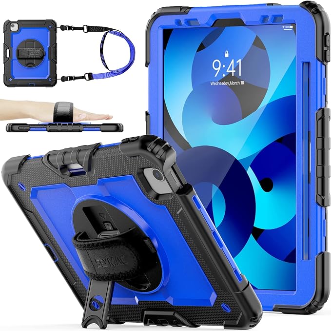 SEYMAC stock Case for iPad Air 5th/4th Generation/Pro 11 (4th/3rd/2nd) with Screen Protector Pen Holder, 360° Rotate Hand Strap/Stand Case for iPad Air 5th/4th Gen 10.9''/ Pro 11'' (Blue+Black)