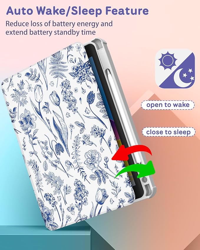 Uppuppy for iPad Pro 12.9 Case Folio Cover with Pencil Holder Girls Women Cute Girly Teens Blue Flower Pretty Kawaii Floral Rotating Stand for Apple iPad Pro 12.9 Inch Cases 2022/2021/2020/2018