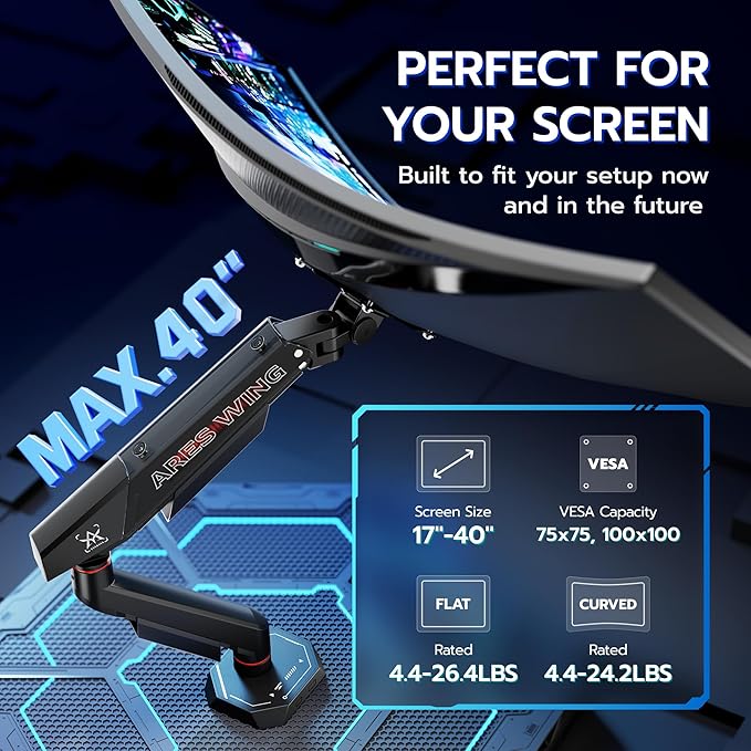 ARES WING Single Monitor Arm for 17-40 Inch Flat Curved Ultrawide Screens Up to 26.5lbs, Fully Adjustable Single Monitor Mount, C-Clamp & Grommet Base, 75/100 Vesa Mount, Black