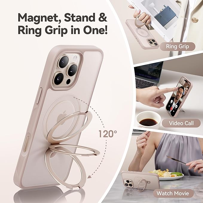 CASEKOO Ultra-Magnetic Stand for iPhone 16 Pro Case [Military Drop Protection] [Compatible with MagSafe] Shockproof Translucent Matte Slim Ring Holder Case for iPhone 16 Pro 6.3", Gold