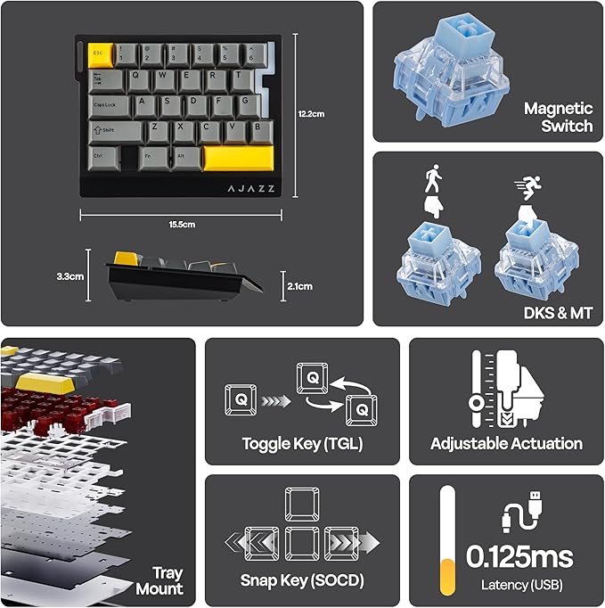 MechLands AJAZZ AK029 One Handed Gaming Keyboard, 8Khz Polling, 29 Keys Rapid Fast Wired Keyboard, SOCD & DKS, Magnetic Switch, Adjustable Actuation, RGB Backlits, Aluminum Plate (Black)