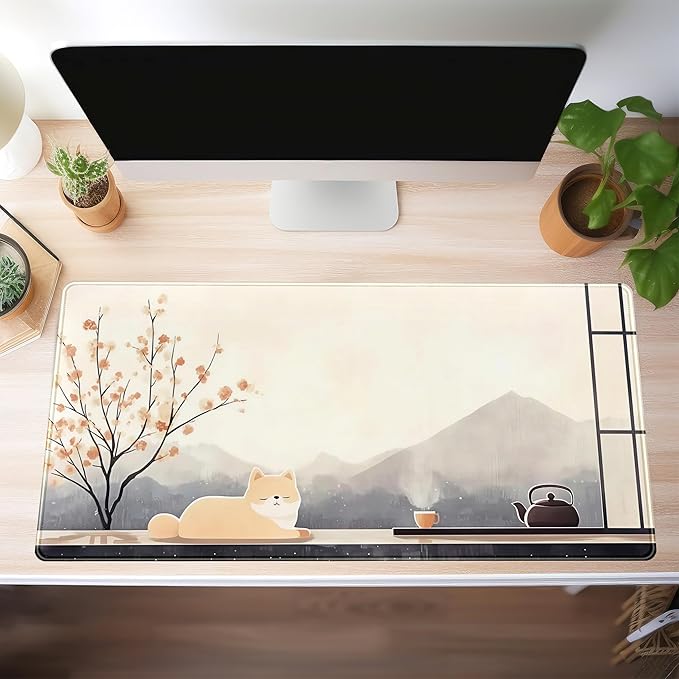 Japan Zen Desk Pad Extended Mouse Mat Cute Shiba Desk Mat, Large Anime Gaming Mouse Pad Full Desktop Keyboard Mat, Kawaii Computer Mat XXL, Japanese-Style Desk Decor for Office Home 31.5x15.7 Inch