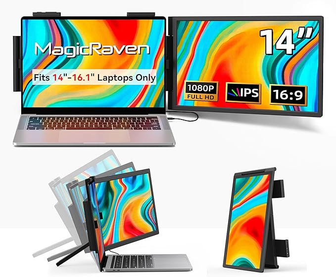 MAGICRAVEN Laptop Screen Extender, 14" 1080P Portable Monitor, Type-C HDMI Plug and Play for 13.3" - 16.1" Laptops, 270° Rotation Attachment Display for Windows/MacOS/Chrome Laptop Phone