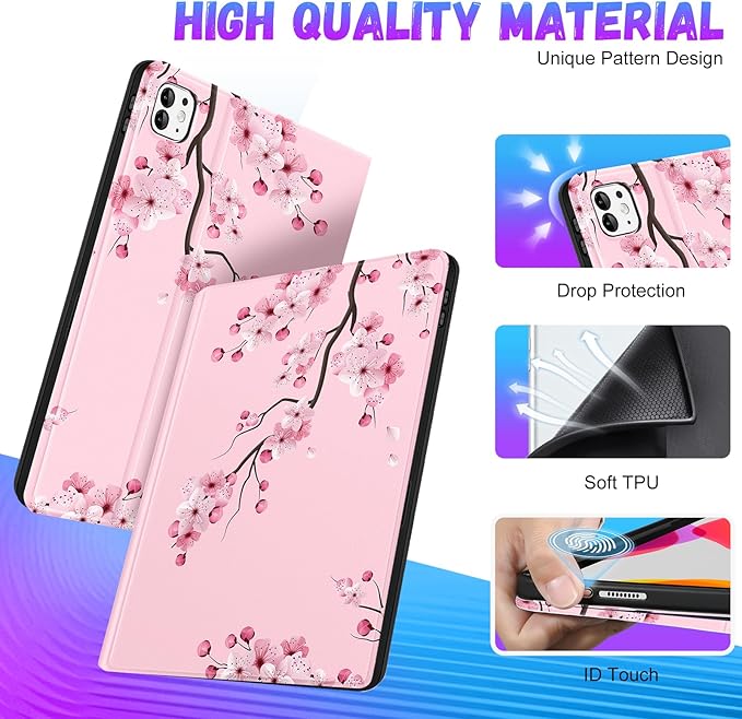 Uppuppy for iPad Pro 11 Inch Case 2024 - Cute Women Girls Folio Smart Cover with Pencil Holder Girly Flower Unique Pretty Aesthetic for iPad Pro 11 M4 Cases A2836 A2837 A3006