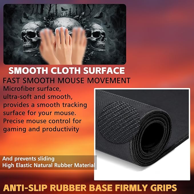 Large Gaming Mouse Pad, Ghostly Skulls in Mist Desk Mat, Scary Skulls Desk Pad, 31.5"x15.7" Extended Big Computer Keyboard Mouse Pad with Non-Slip Base and Stitched Edge