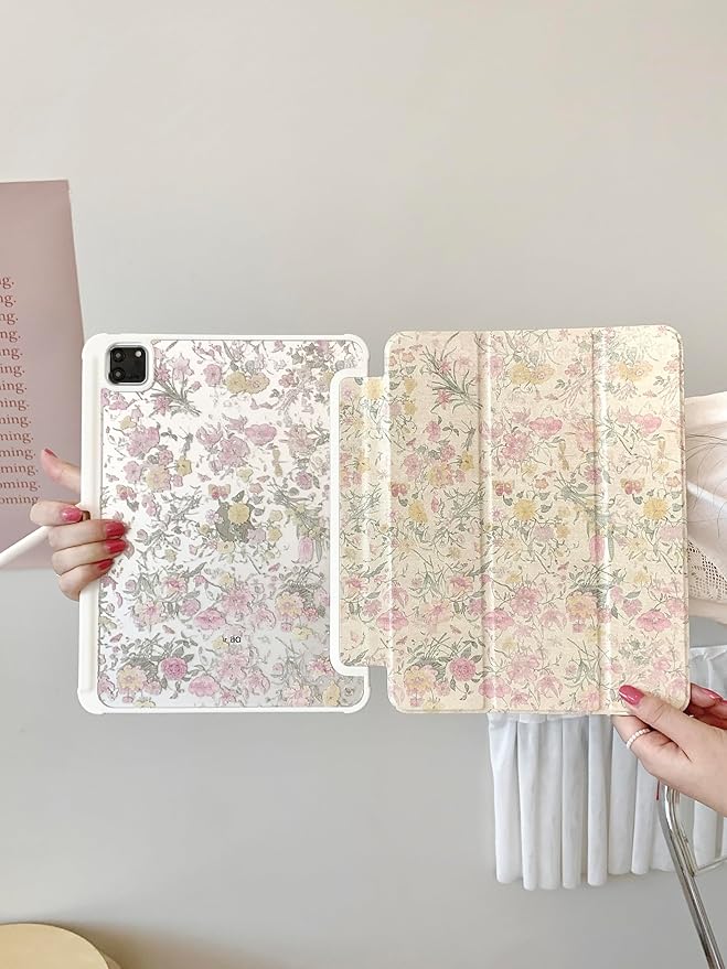 Adjustable Stand Hard PU Clear Back Folio Case for Apple Flowers Floral Pattern Refreshing Classic Vintage Pretty Chic Cute Lovely Girls Women (for iPad Pro M5 8 (8th Generation 2025) 13-Inch)