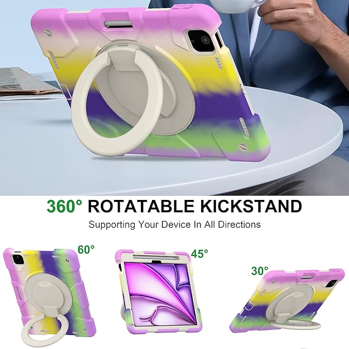 Andnary Case for iPad Air 11 inch Case M4/M3/M2 (2026/2025/2024), Heavy Duty Shockproof Cover with Screen Protector, 360° Rotating Stand, Pencil Holder, Shoulder Strap (Colorful Purple)