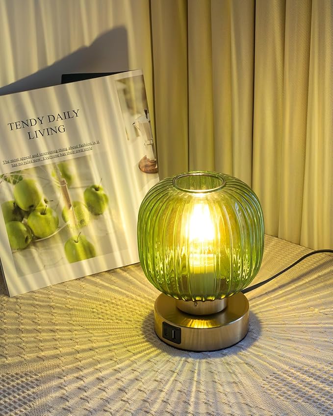 Elenhome Touch Small Table Lamp,Elegant Green Glass Bedside Lamp 3 Way Dimmable with USB C+A Charging Ports - Bedroom Nightstand & Living Room Essential, 4W Bulb Included (Green)