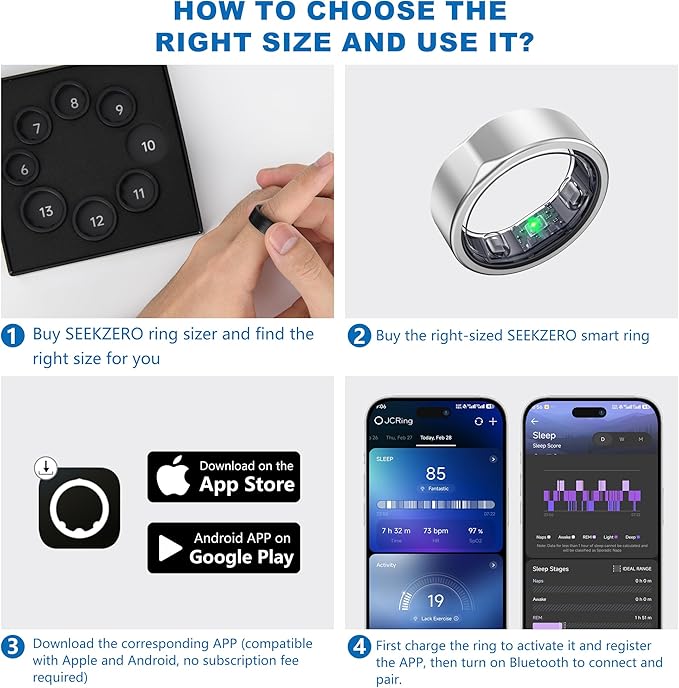 Smart Ring for Women Men, Titanium Fitness Ring with Heart Rate, Stress & Sleep Monitoring,Step & Calorie Counter, 5ATM Waterproof for iPhone and Android,No Subscription Fee (Silver 13)