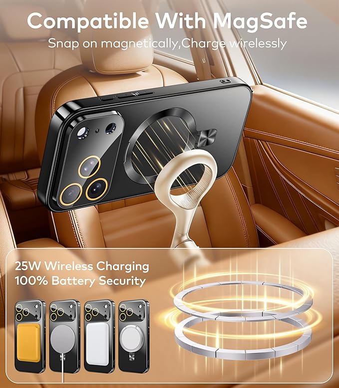 TOBOVON Magnetic for iPhone 17 Pro Case with Ring Stand, Fits MagSafe, with Built-in Camera Cover, Slim Electroplated Shockproof Phone Case, Black