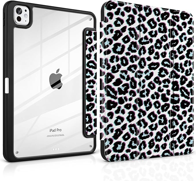 TWOLSKOO Case for iPad Pro 11-inch (M5 2025 / M4 2024), Clear Acrylic Back with TPU Bumper, Pencil Holder, Trifold Stand, Auto Sleep/Wake, Black Leopard
