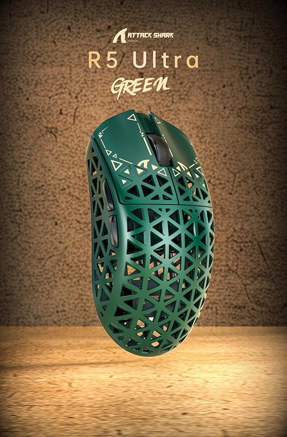 ATTACK SHARK R5Ultra 8K Carbon Fiber Wireless Gaming Mouse with 42000 DPI -PAW3950 MAX Sensor -39g Ultra-Lightweight-Nordic 52840 MCU Chip-Wired/BT/2.4GHz Wirelss Programmable Mouse for PC/Mac (Green)