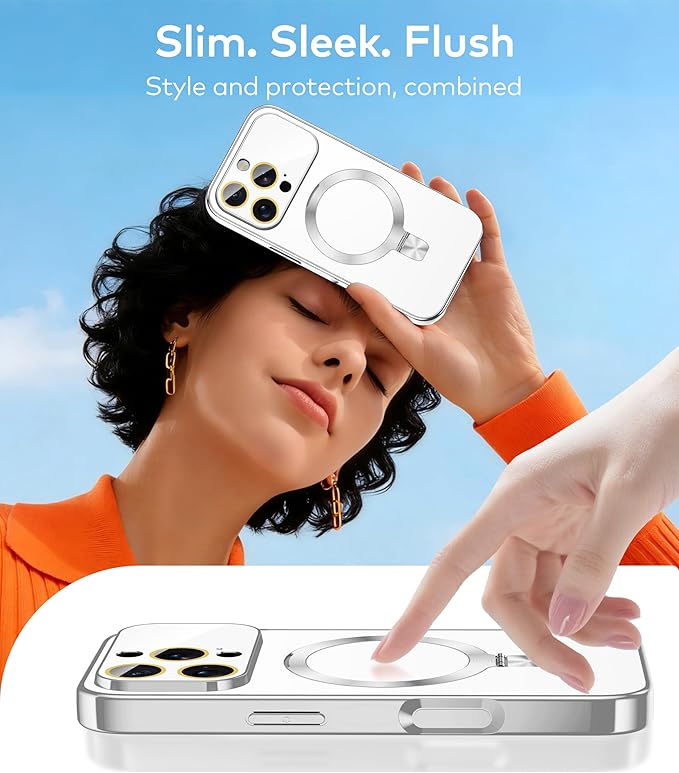 TOBOVON Magnetic for iPhone 16 Pro Max Case with Ring Stand, Fits MagSafe, with Built-in Camera Lens Protector, Slim Electroplated Shockproof Phone Cover, Silver