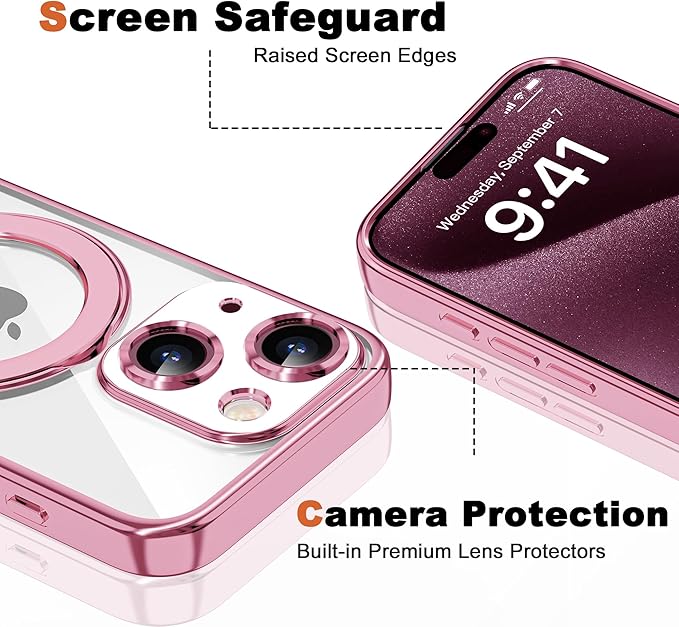 Compatible with iPhone 14 Case with Invisible Magnetic Ring Stand [Compatible with Mag-Safe] [Full Camera Lens Protector] Plating Clear Phone Case for iPhone 14 6.1", Pink