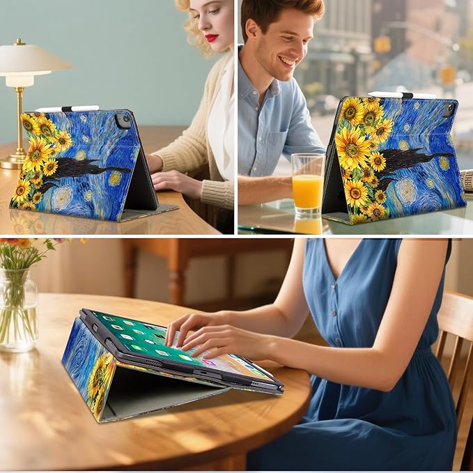 for iPad Air 13 inch Case (M4/M3/M2), iPad Pro 12.9 Case, iPad Pro 13-Inch Case (M5/M4) Shockproof Pencil Holder Adjustable Stand/Pocket/Magnetic Closure/Auto Wake Sleep Starry Night Sunflowers