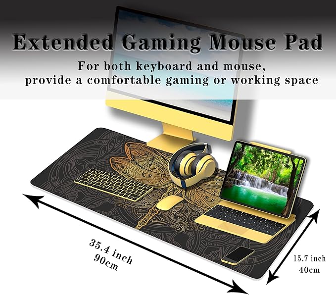 Gaming Desk Mats Gold, Desk Mouse Pad Extra Large Mouse Pads, Pad for Mouse Non-Slip Rubber Base Waterproof with Stitched Edges, 35.4 X 15.7 inch for Work/Game/Office/Home Dragonfly Mandala