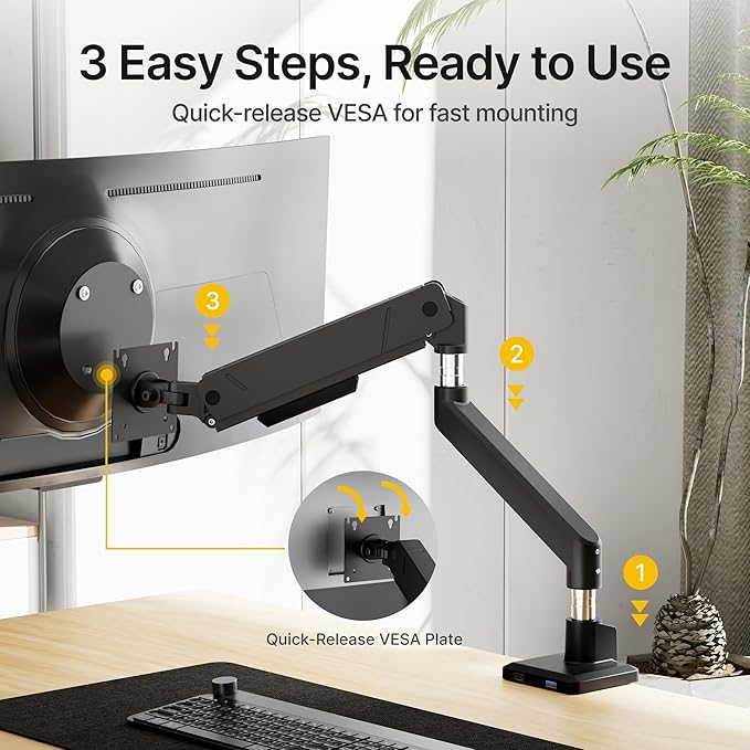 monTEK Single Monitor Arm for Max 45 Inch Ultrawide Screens Adjustable Monitor Desk Mount Holds 35 Lbs Cable Management with Clamp/Grommet Desk Mount, VESA 75/100mm