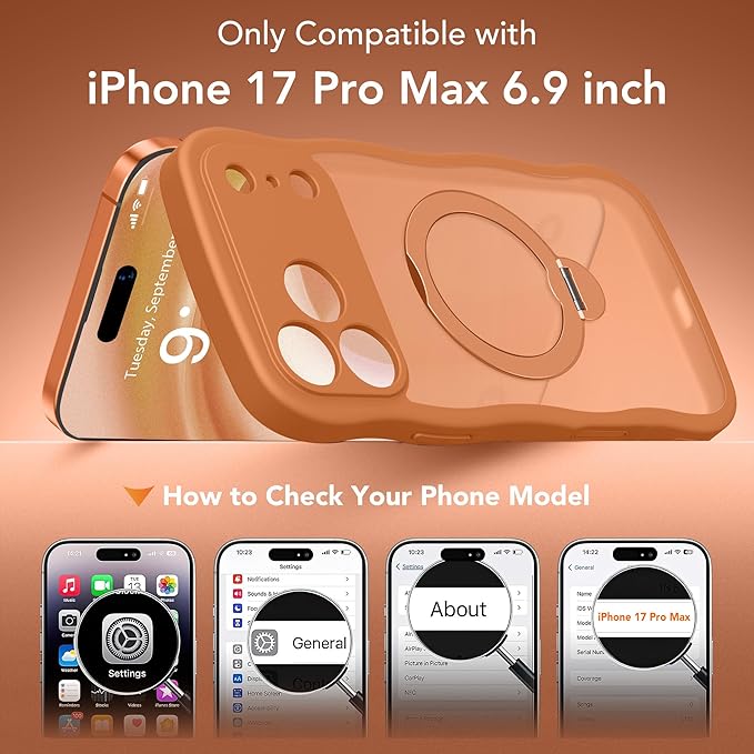 for iPhone 17 Pro Max Case for Women,[Compatible with Magsafe][360° Spin Magnetic Stand][Cute Wave Edge][Military-Grade Protection]Translucent Matte Phone Case for iPhone 17 Pro Max,Cosmic Orange