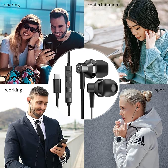 USB C Headphones for iPhone 15 Earbuds HiFi Stereo Type C Wired Earphones with Mic & Remote Control Noise Cancelling for iPhone 16 pro, iPad Pro, Galaxy S23/S22/S21/S20/Ultra Note 10/20