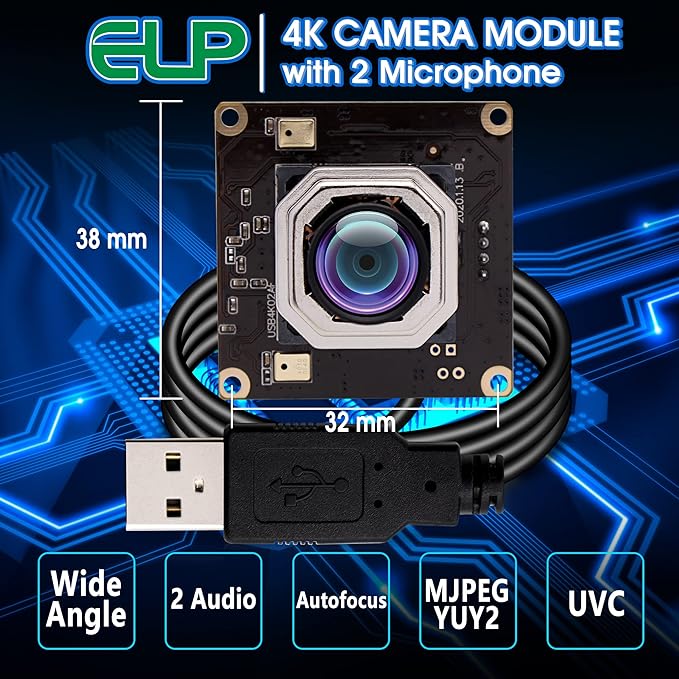 ELP 4K USB Camera Module Autofocus w/Microphone Computer Mini USB2.0 Webcam Board 8mp Industrial Lightburn Camera IMX415 Audio Video Webcamera