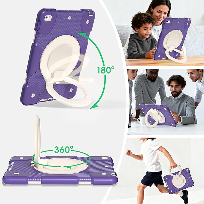 Andnary Case for iPad 9th/8th/7th Generation 10.2 inch, Shockproof Cover with Screen Protector/360° Rotate Stand/Pencil Holder/Shoulder Strap, Kids Case for iPad 2021/2020/2019 (Deep Purple+White)