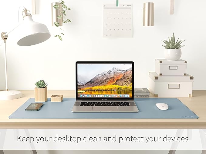 RENMTURE Dual-Sided Mouse Pad, Natural Cork & PU Leather Large Desk Pad for Office and Home Work, Desk Protector Non-Slip, Waterproof, Easy Clean (Blue Gray, 32"x16")