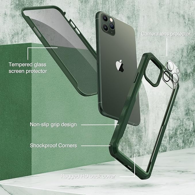 CENHUFO Privacy for iPhone 11 Pro Case, Full Body Phone Case with Built-in 9H Tempered Glass Privacy Screen Protector and Camera Lens Protector, Anti Peep Spy Shockproof Bumper Clear Cover - Green