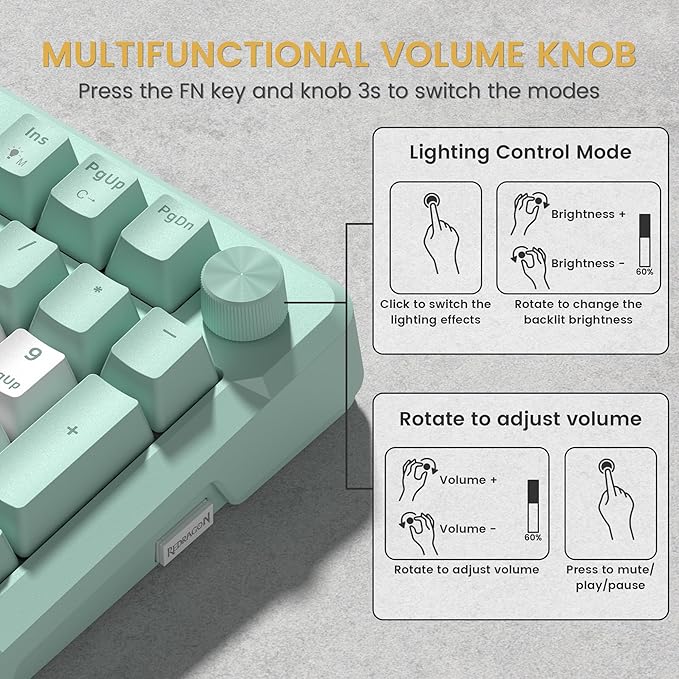 Redragon K742 Wireless Mechanical Gaming Keyboard with Knob, Bluetooth 5.0/2.4GHz/USB C Wired Creamy Keyboard with Number Pad for PC Computer, RGB Backlits, Hot-Swappable with Linear Switches (Green)