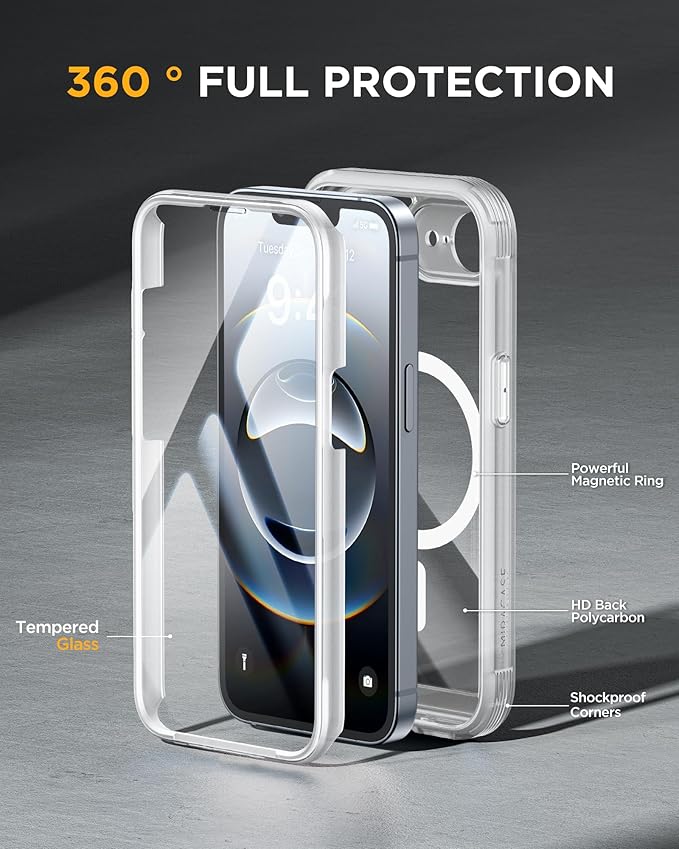 Miracase for iPhone 17e Case & iPhone 16e Case, Full-Body Phone with Built-in Glass Screen Protector, [Magnetic with MagSafe] Military Drop Proof 17 E/ 16 E Cover Bumper 6.1 inch, Matte Clear
