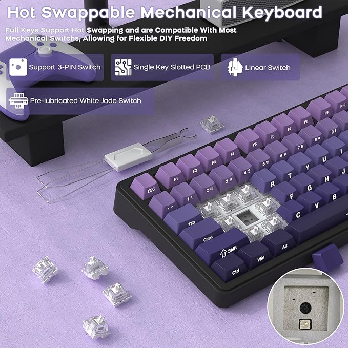 Yindiao Attack Shark X85 Wireless Mechanical Keyboard, TKL 82 Keys Bluetooth 5.0/2.4GHz/Wired Gaming Keyboard,Gasket Structure,Knob,RGB Hot Swappable Custom Keyboard for PC/Mac/PS4/Xbox(Purple)