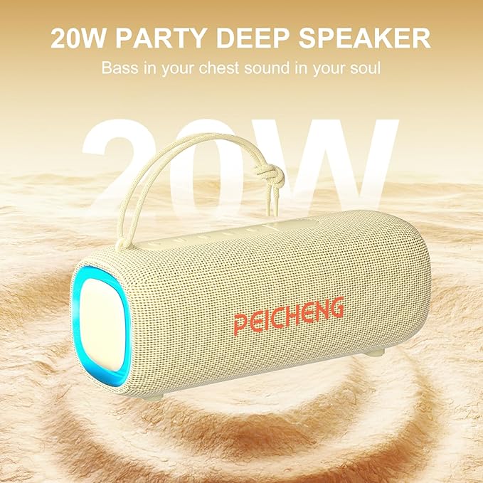 PEICHENG Bluetooth Speaker, Portable Wireless Clear Loud Stereo Sound IPX5 Waterproof with RGB Lights BT5.3 Long Playtime TWS Pairing,for Home Party Outdoor Beach,Great Gift Choice (Beige)