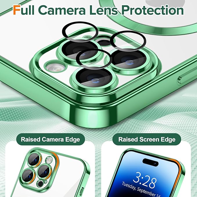 Hython Magnetic Clear for iPhone 14 Pro Case with Camera Lens Protector [Compatible with MagSafe] Luxury Plating Edge Slim Soft TPU Cover Protective Phone Case for iPhone 14 Pro 6.1", Light Green