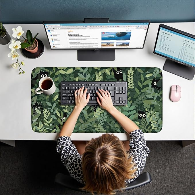 Kawaii Cat Mouse Pad Xl-31.5x15.7in-Anime Black Cat Green Plant Desk Mat Pad-Extended Aesthetic Keyboard Mouse Pad-for Desk Kid Girl with Stitched Edges Non-Slip Cozy Office Decor