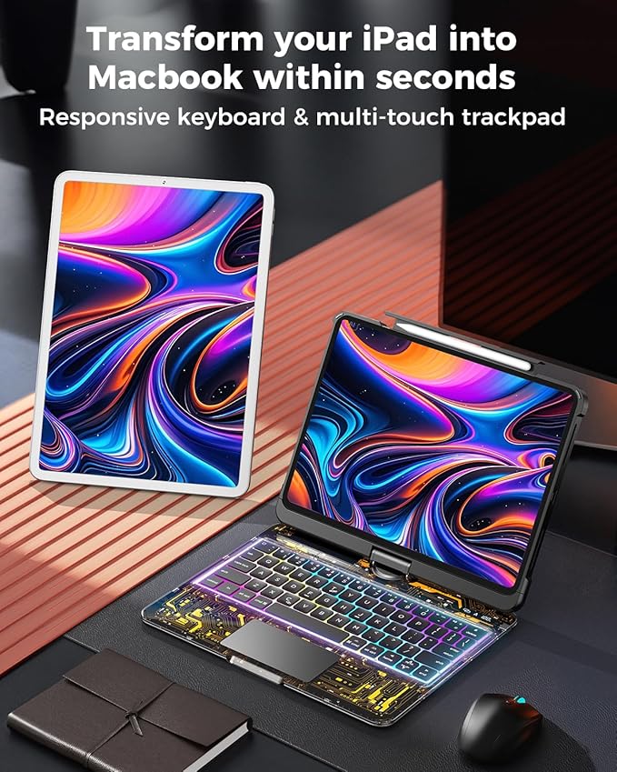 SIBEITU Wireless Keyboard Case for iPad Pro 13 Inch (M5 2025/M4 2024), Clear Protective Cover with Multi-Touch Trackpad & Pencil Holder, 360° Rotatable Stand, 7-Color Backlight & 3-Brightness, Black